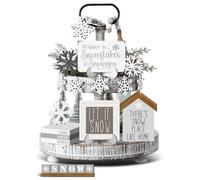 GlikCeil 19 Pcs Winter Tiered Tray Decor Snowflakes Wood Rustic Decoration Tiered Sign Table Centerpieces Without Tray for Tabletop Shelf Winter Xmas Home Party Gifts(Farmhouse)