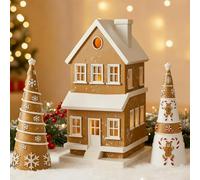 GlikCeil 3 Pcs Christmas Gingerbread House and Cone Trees Resin Christmas Tabletop Decorations Village Cottage Church Gingerbread House Figurines for Xmas Gifts Winter Mantel Shelf Home Decor