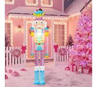 GlikCeil 39'' Outdoor Pre-lit Christmas Pink Nutcracker Yard Sign Candy Cane Theme Yard Nutcracker Large Metal Windproof Rainproof Solar Garden Stake for Xmas Outside Party Patio Home Pathway