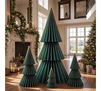 GlikCeil 4 Set Large Honeycomb Paper Christmas Tree Tall, Green | 3ft-0.5ft, Giant 3D Foldable Honeycomb Tree, Glitter Gold Edging for Modern Neutral Xmas Home Mantel Decor Holiday Party