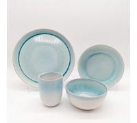 Glim & Glam Reactive Blue Glaze Dinner Set Plates Bowls Cups 16Pc Set