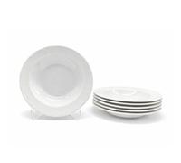 Glim & Glam Soup Bowl Pasta Plate 4Pc Set Porcelain White Embossed Floral Dot Rim