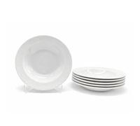 Glim & Glam Soup Bowl Pasta Plate 6pc Set Porcelain White Embossed Floral Dot Rim Glim & Glam White