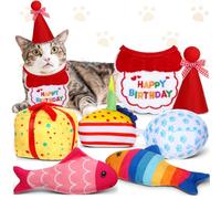 Glimin 7 Pcs Birthday Cake Cat Catnip Toy Set Birthday Themed Catnip Toys Cat Birthday Hat Scarf Cat Birthday Gift Interactive Cat Toy Birthday Cake Box Fish Balloon Toys for Indoor Cats Chewing