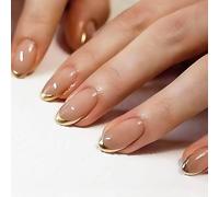 Glimmer Style French Tip Press-On Nails, Almond Colour, Medium Size with Gold Tips, Adhesive Glossy Pink Acrylic Nails, Full Coverage, Press-On, 24-Piece Base Phnom Penne French Almond-Type Armour