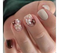 Glimmer Style Press-On Nails, Short, Square, Floral Design, Extra Short, Spring, Fake Nails, Shiny Gel, Acrylic, Real Short Full Coverage, Adhesive Gold Daisies, 24 Light Brown and White Floral