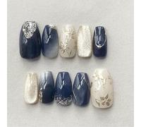 GlimmerStyle 24 Pieces Blue Background Silver Printed Cat Eye Wear Nail (Glue),Press On Nails,Nails To Stick On