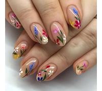 GlimmerStyle 24 Pieces Fresh Flower Almond-Shaped Nails, Artificial, Press On, Fake