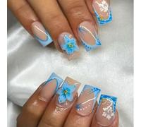 Glimmerstyle French Press On Nails,24 Pieces Short Square Blue Flower Gold Rhinestone Press On Nails,Ladies Press On Nails,Naturally Reusable