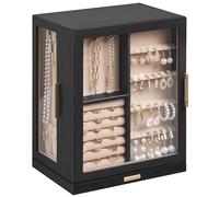 Glimmloop 360° Rotating Jewelry Box with 5 Drawers, Spacious Vertical Jewelry Organizer with Glass Window, Jewelry Storage Case, Dustproof & Moisture-resistant Design, Black