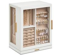 Glimmloop 360° Rotating Jewelry Box with 5 Drawers, Spacious Vertical Jewelry Organizer with Glass Window, Jewelry Storage Case, Dustproof & Moisture-resistant Design, White