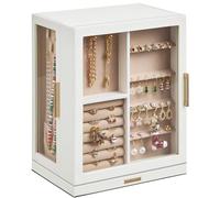 Glimmloop 360° Rotating Jewelry Box with 5 Drawers, Spacious Vertical Jewelry Organizer with Glass Window, Jewelry Storage Case, Dustproof & Moisture-resistant Design, White