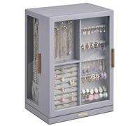 Glimmloop 360° Rotating Jewelry Box with 7 Drawers, Spacious Vertical Jewelry Organizer with Glass Window, Jewelry Storage Case, Dustproof & Moisture-resistant Design, Grey