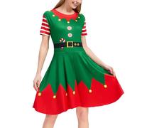 Glimnerize Christmas Women's Dress Round Neck Candy Cane Party Elf Printed Funny Christmas Themed Style Comfortable Novelty Santa A1 M