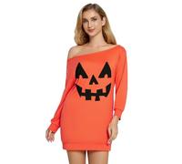 Glimnerize Halloween Dress Women's Shirt 3/4 Sleeve Spider Pumpkin Skeleton Print Off Shoulder Top Long Sleeve Shirt Black Orange Top Costume Party S-XXL, Orange Smiley 1, S