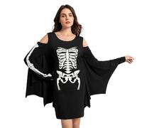 Glimnerize Halloween Women Skulls and Crossbones Dress Costume Print Design Long Sleeve Cold Shoulder Dress Bat Wing Cold Shoulder Skeleton S