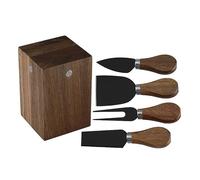 GlimNova Magnetic Cheese Knife Set with Acacia Wood Stand - 4-Piece Stainless Steel Set with Storage Block - Includes Knife, Fork, Spreader & Shovel - for Charcuterie Boards (Black)