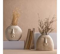 Glimpse Homes Ceramic Flower Vase | Set of 2 | Upbeat Face Vase 5.5 inches & Blowing Kiss Face Vase 6 inches (White, Raw Finish)