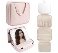 Glint&Glide Travel Makeup Bag with Mirror-Hanging Toiletry Large Capacity,Organizer Toiletries Bag,Portable Cosmetic Case for Women and Girls,Pink