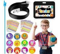 Glirop 12Pcs Kids Teacher Roleplay Set, Pretend Teacher Game Accessories with ID Card Black Lanyard Behaviour Reward Stickers Pointer Stick School Stuff Role Play Kit for Children Halloween Cosplay