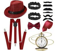 Glirop 13Pcs 1920s Gatsby Costume Set for Men, Gentleman Roaring 20s Accessories Kit with Hat Suspenders Pocket Watch Bow Tie Beards Cuffs Tie for Adult Halloween Theme Parties Fancy Dress(Red)