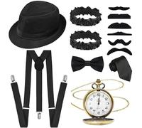 Glirop 13Pcs 1920s Gatsby Costume Set for Men, Gentleman Roaring 20s Accessories Kit with Hat Suspenders Pocket Watch Bow Tie Beards Cuffs Tie for Adult Halloween Theme Parties Fancy Dress (Black)
