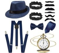 Glirop 13Pcs 1920s Gatsby Costume Set for Men, Gentleman Roaring 20s Accessories Kit with Hat Suspenders Pocket Watch Bow Tie Beards Cuffs Tie for Adult Halloween Theme Parties Fancy Dress (Blue)