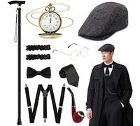 Glirop 1920s Mens Costume Accessories Set, Vintage Gentleman Gatsby Gangster Fancy Dress with Folding Cane Hat Pocket Watch Bow Tie Glasses Suspender Beard Pipe for Roaring 20s Themed Party
