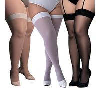 Glirop 3 Pairs Plus Size Thigh High Stockings for Women Extra Long Opaque Sheer Hold-Ups for Curvy Thighs in Black, White & Nude