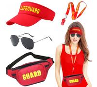 Glirop 4PCS Life Guard Costume Accessories, Beach Costume Set Include Sunglasses Red Lifeguard Hat Fanny Pack Whistle with Lanyard Fancy Dress for Men Women Halloween Carnival Theme Party