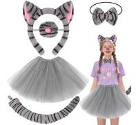 Glirop 5 Pcs Kids Cat Costume Set, Tabby Fancy Dress Accessories Kit with Tutu Skirt Headband Nose Bow Tie Tail Funny Cosplay Outfit for Girls Halloween Carnival World Book Day Dress Up
