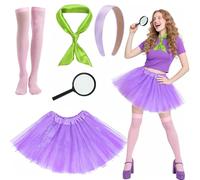 Glirop 5Pcs Daphne Costume Set for Women, Include Purple Headband Green Scarf Stocking Tutu Skirt Magnifying Glass Fancy Dress Accessories for Girls Halloween Movie Cosplay