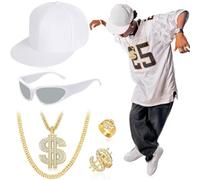 Glirop 5Pcs Hip Hop Costume Accessories Set, 80s 90s Rapper Dress up Kit with White Cap Fake Gold Necklace Rings and Sunglasses for Women Men Carnival Party Supplies