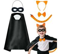 Glirop 5Pcs Orange Cat Costume for Kids, Animal Cosplay Dress Up Kit with Ears Headband Bow Tie Tail Cape Eye Mask for Boys Girls World Book Day Halloween Carnival Fancy Costume