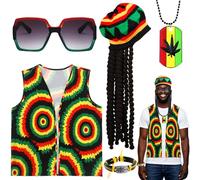 Glirop 5Pcs Rasta Fancy Dress, Caribbean Reggae Accessories Set with Vest Jamaican Hat Glasses Bracelet Necklace Dreadlocks for Women Men Party Cosplay Masquerade Halloween Carnival