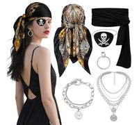 Glirop 6Pcs Pirate Costume Accessories, Medieval Bandana Kit Renaissance Captain Role Play Set with Headscarf Sash Necklace Bracelet Eye Patch Earring for Women Men Halloween Party Carnival (Black)