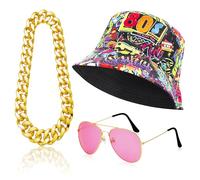 Glirop 80s 90s Hip Hop Costume Set, Fancy Dress Accessories Kit with Graffiti Bucket Hat Fake Gold Chain Pink Sunglasses Retro Rapper Outfit for Men Women Hippie Party Halloween Carnival