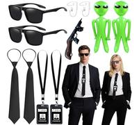 Glirop Agent Costume Accessories Set, Secret Agent Dress Up Kit with ID Holders Black Ties Sunglasses Earpieces Inflatable Green Aliens for Women Men Halloween Cosplay Carnival Fancy Dress