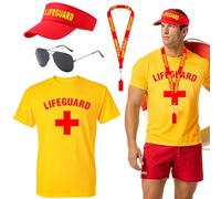 Glirop Life Guard Costume Set, Lifeguard Fancy Dress Include T-shirt Hat Whistle Sunglasses Beach Costume Acccessories for Women Men Pool Party Halloween Cosplay (Style A, 2XL)