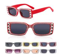 Glirop Rhinestone Rectangle Sunglasses for Women, Fashion Shining Square Sunglasses with UV Protection Vintage 90s Y2k Tinted Sunglasses for Outdoor Beach Party Travel(Red)