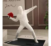 Glistenovelty Banksy Flower Throwing Statue Resin Small Sculpture Art Gift Accessories Figurine Collectible Living Room Bedroom Office Home Decoration Creative Gift (White)