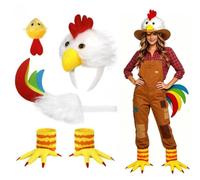 Gliswaieuznd 5Pcs Rooster Chicken Costume Adult Fancy Dress Accessories | Comb Headband,Chicken Tail,Beak Nose Mask,Yellow Feet Shoe Covers,Halloween Thanksgiving Rooster Costume Cosplay Outfit