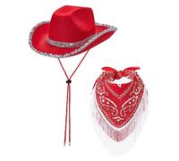Gliswaieuznd Rhinestone Cowgirl Hat with Paisley Bandanna Wide Brim Western Hat for Bachelorette Bachelor Party Cosplay (Red Sequin, 2Pcs)