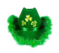 Gliswaieuznd St. Patrick's Day Feather Trim Cowboy Hat Irish Lucky Green Clover Shamrock Wide Brim Felt Cowgirl Hat for Party Costume (Fluorescent Green 2, ONE SIZE)