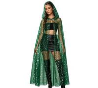 Gliswaieuznd Women's Glitter Star Hooded Sheer Tulle Cloak Long Sequin Cape | Sparkly Star, Sheer Robe, Halloween Witch Cosplay Costume Accessory for Party Dress-Up, Black/Green, S/M/L