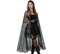 Gliswaieuznd Women's Glitter Star Hooded Sheer Tulle Cloak Long Sequin Cape | Sparkly Star, Sheer Robe, Halloween Witch Cosplay Costume Accessory for Party Dress-Up, Black/Green, S/M/L