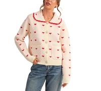 Gliswaieuznd Women's Heart Pattern Knit Cardigan Peter Pan Collar Long Sleeve Button Front Cute Casual Sweater with Pocketsfor Valentine Date Outfits (Creamy-White, L)