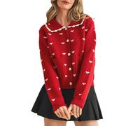 Gliswaieuznd Women's Heart Pattern Knit Cardigan Peter Pan Collar Long Sleeve Button Front Cute Casual Sweater with Pocketsfor Valentine Date Outfits (Red, M)