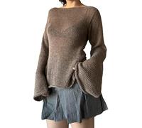 Gliswaieuznd Women's Oversized Lightweight Jumper Long Bell Sleeve Boat Neck Tie Back Knit Sweater Y2K Loose Casual Top Pullover (Brown, L)