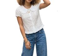 Gliswaieuznd Women's Peter Pan Collar Blouse Puff Short Sleeve Button Down Shirt Floral Embroidery Casual Summer Tops (White, M)